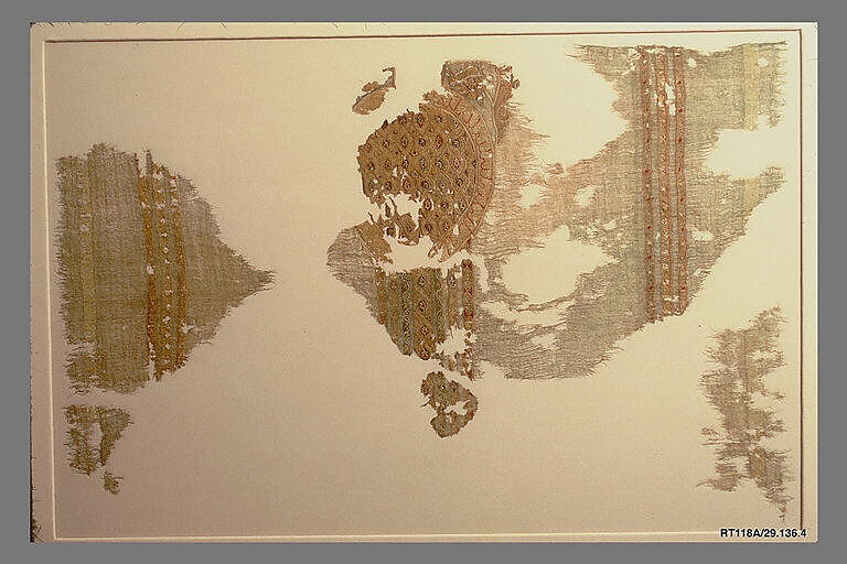 Portion of a Garment with Geometric Patterns, Linen, silk, metal wrapped thread; plain weave, tapestry weave
