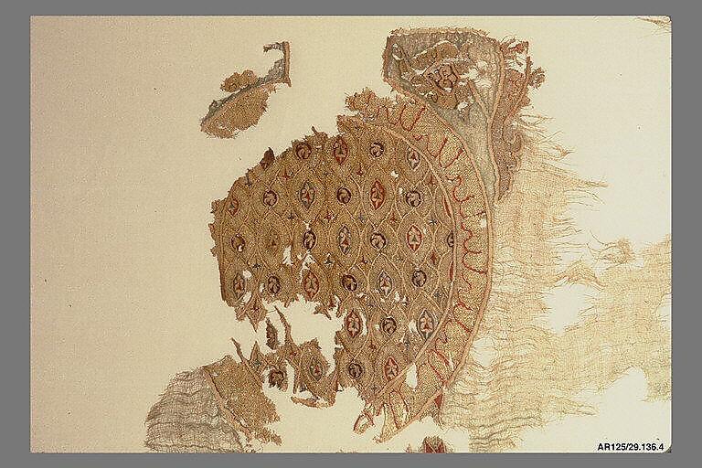 Portion of a Garment with Geometric Patterns, Linen, silk, metal wrapped thread; plain weave, tapestry weave