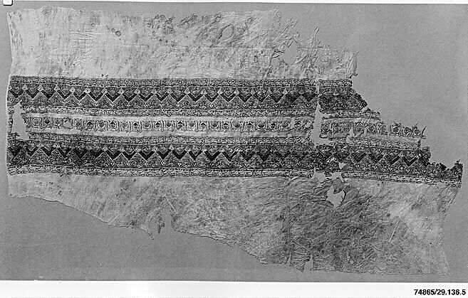 Textile Fragment, Linen and silk; plain weave, tapestry weave