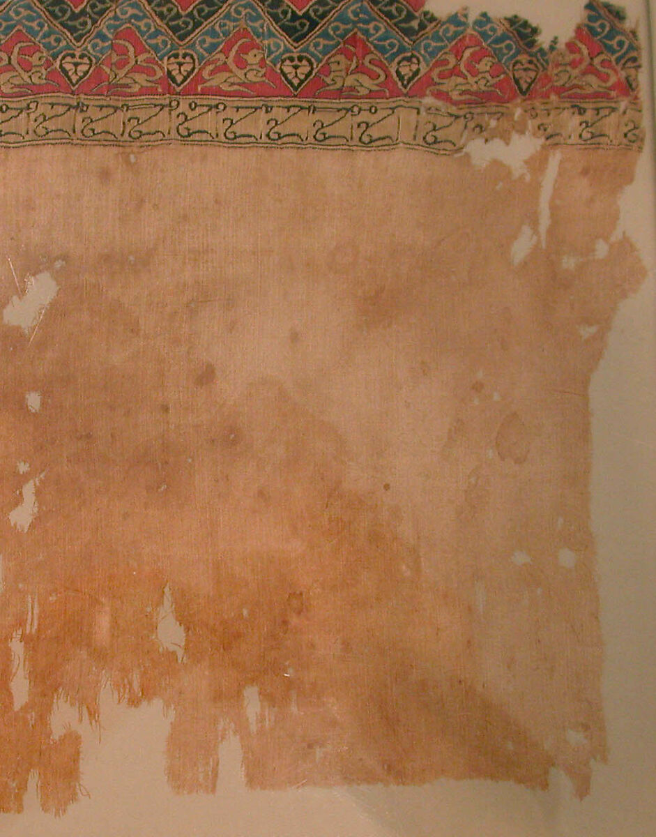 Textile Fragment, Linen and silk; plain weave, tapestry weave