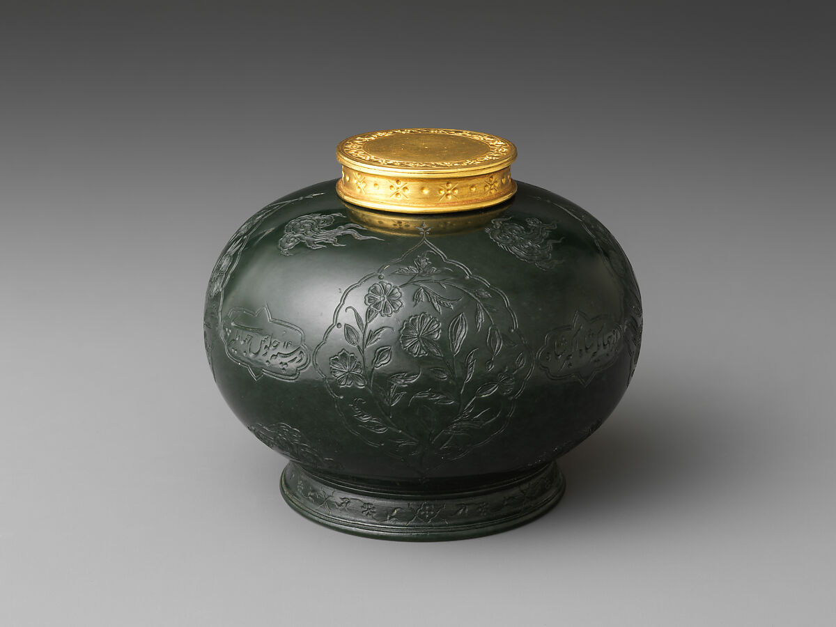 Inkpot of the Emperor Jahangir, Mu'min Jahangir (Indian), Nephrite, gold