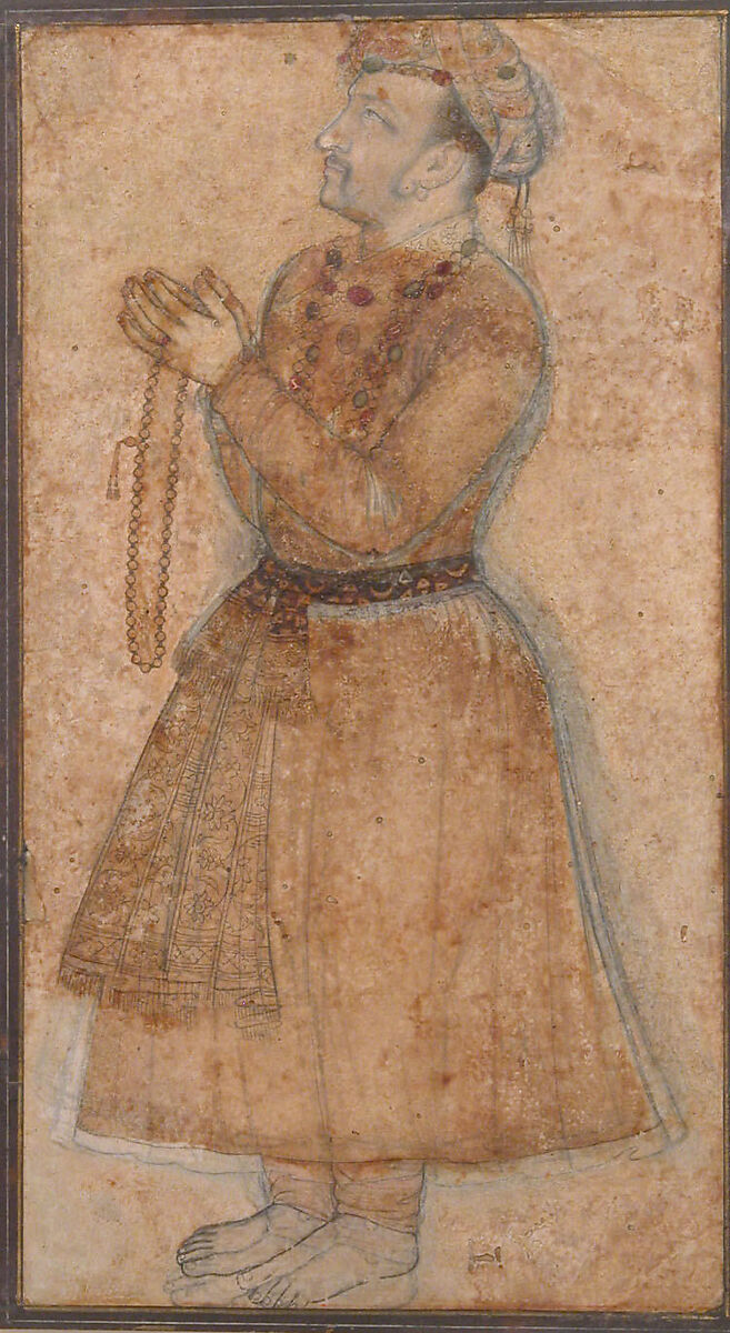 Portrait of Emperor Jahangir Praying, Ink and opaque watercolor on paper 