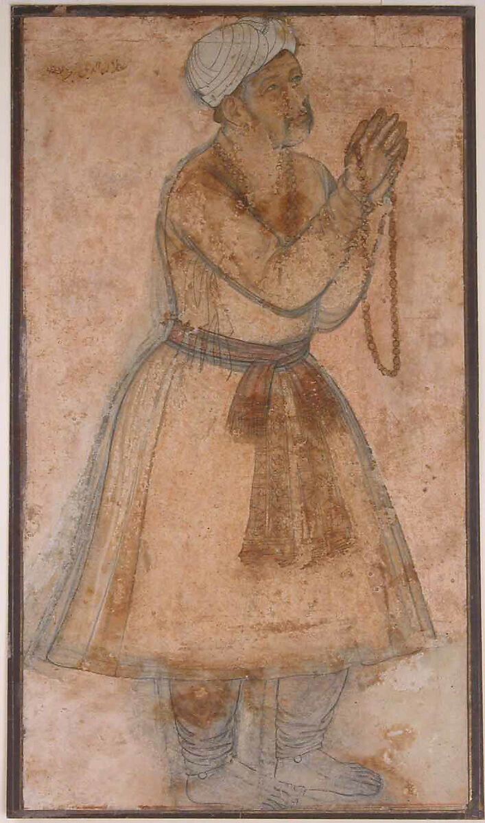 Portrait of Emperor Akbar Praying, Ink and opaque watercolor on paper 