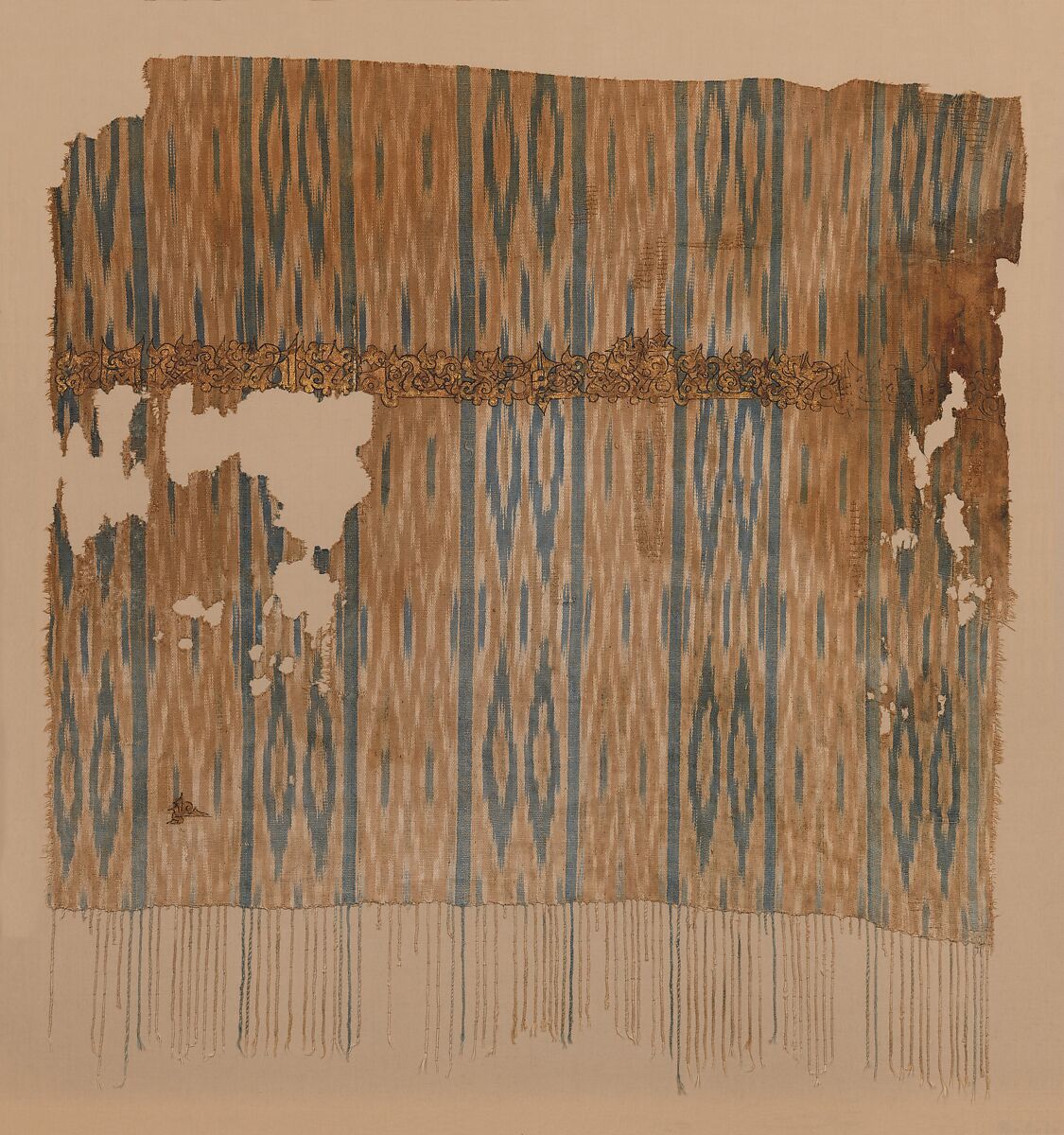 Tiraz Fragment from an Ikat Shawl, Cotton, ink, gold; plain weave, resist-dyed (ikat), painted 