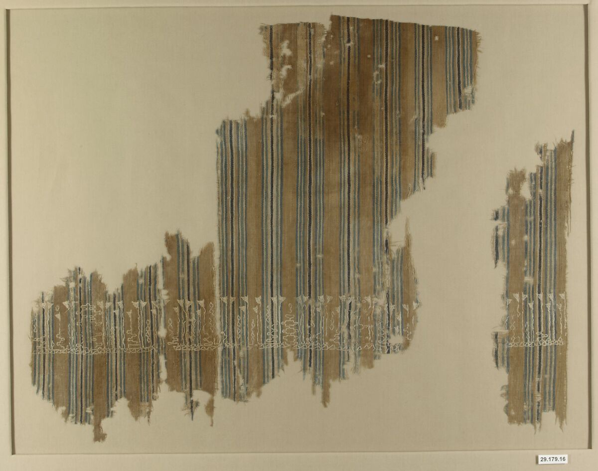 Textile Fragment, Cotton; plain weave, resist-dyed (ikat), embroidered