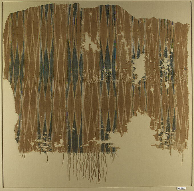 Textile Fragment, Cotton; plain weave, resist-dyed (ikat), embroidered