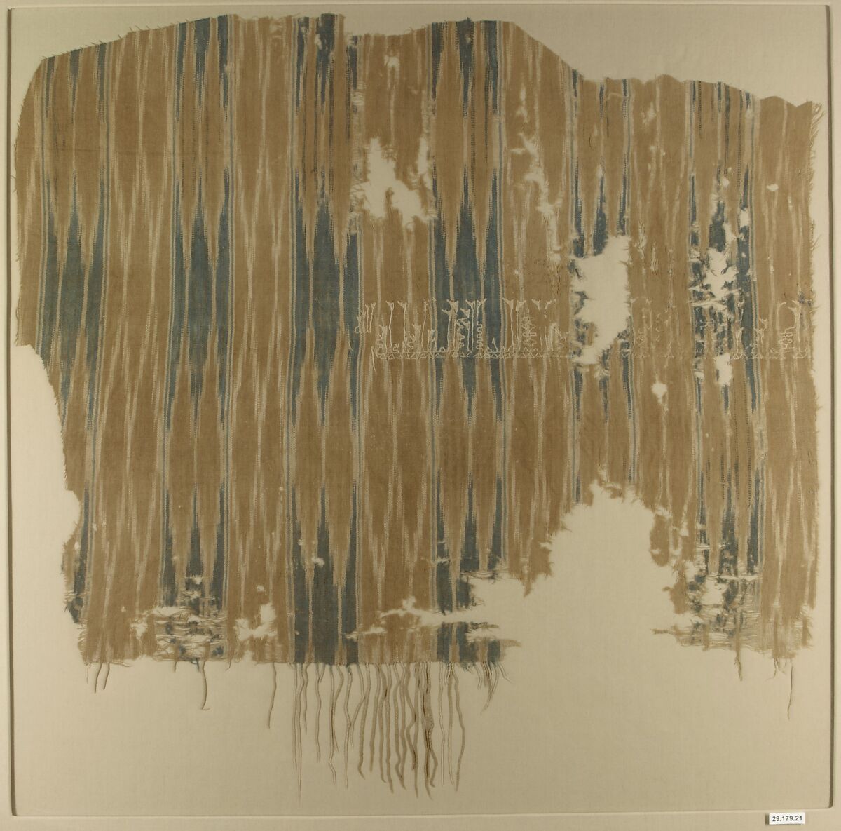 Textile Fragment, Cotton; plain weave, resist-dyed (ikat), embroidered