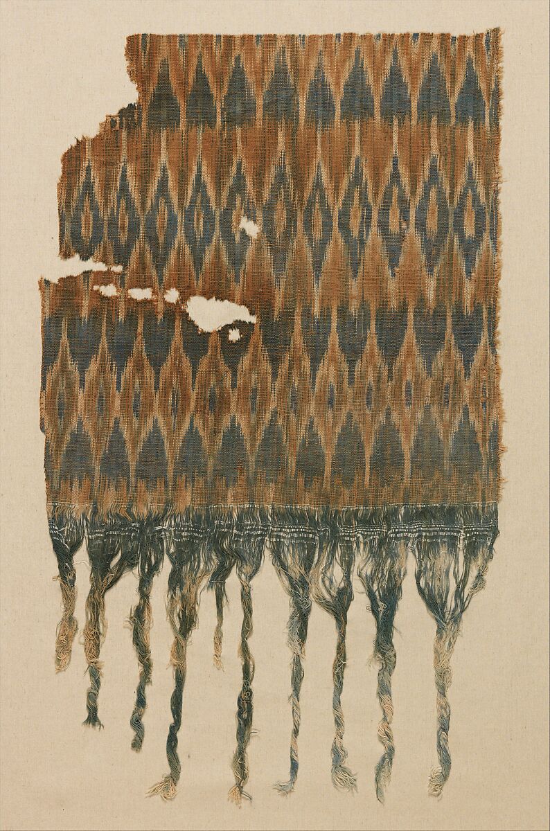 Textile Fragment, Cotton; plain weave, resist-dyed (ikat), embroidered 
