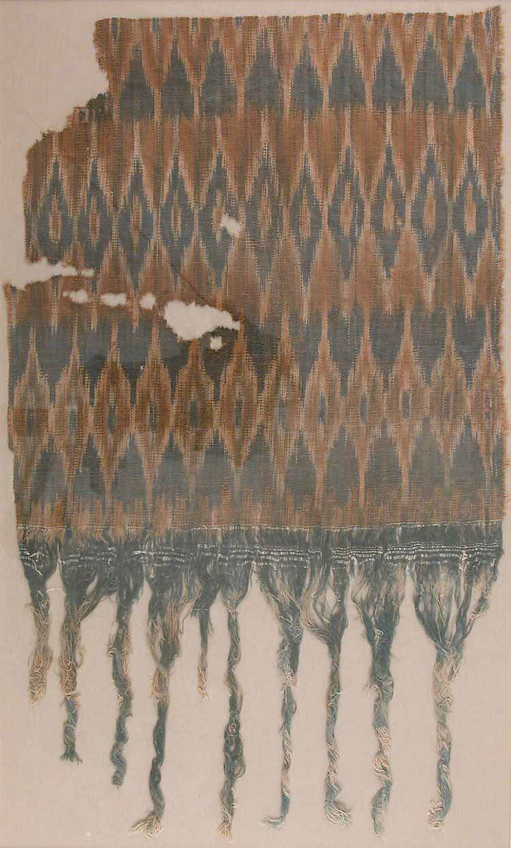 Textile Fragment, Cotton; plain weave, resist-dyed (ikat), embroidered