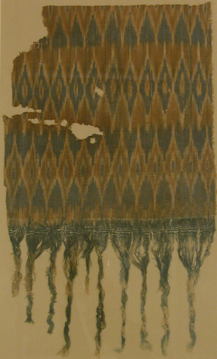Textile Fragment, Cotton; plain weave, resist-dyed (ikat), embroidered