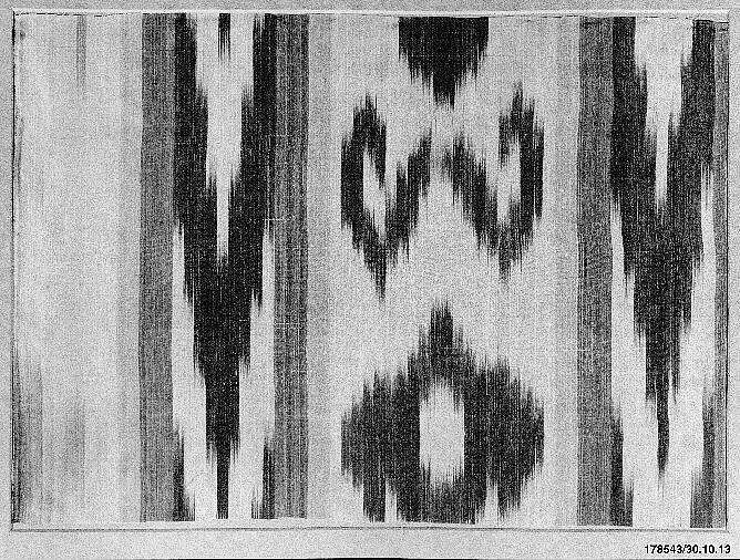 Textile Fragment, Silk, plain weave; resist-dyed (ikat), embroidered