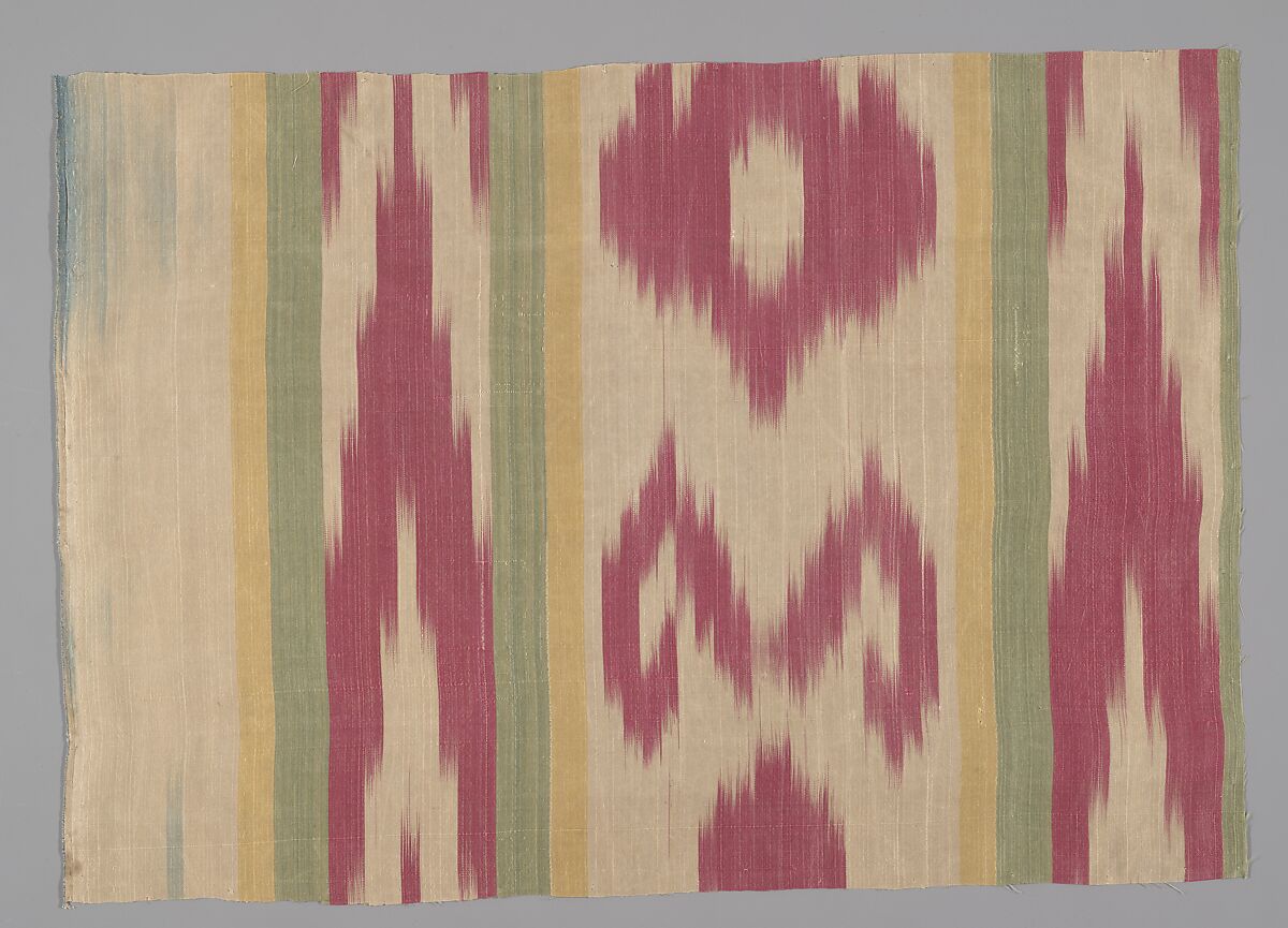 Textile Fragment, Silk, plain weave; resist-dyed (ikat), embroidered 