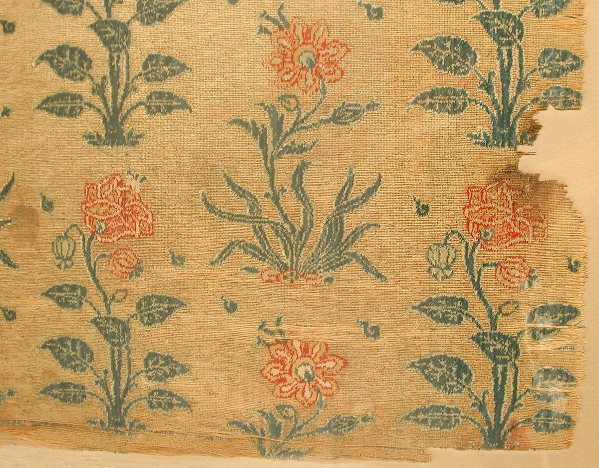 Joined Fragments: Velvet Panel with Rows of Flowers, Silk, cut and voided velvet, with continuous floats of metal wrapped thread