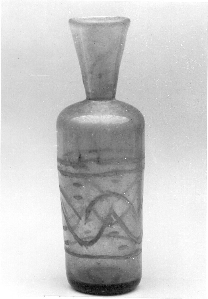 Bottle with Cut Design, Glass, green-blue; blown, cut