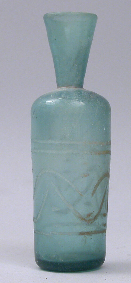 Bottle with Cut Design, Glass, green-blue; blown, cut