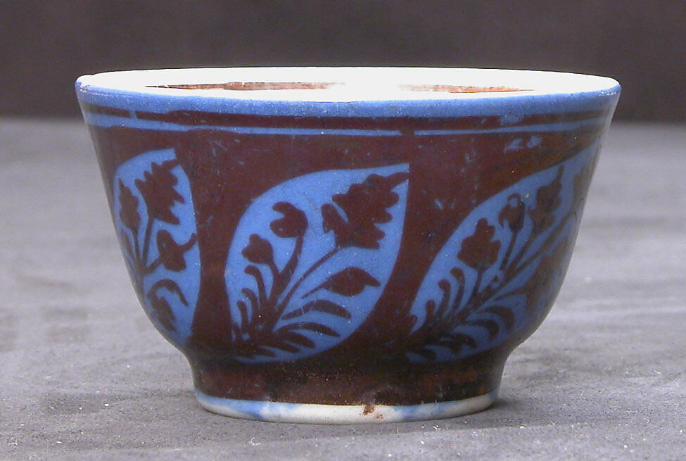 Cup, Stonepaste; luster-painted on opaque white and blue glaze