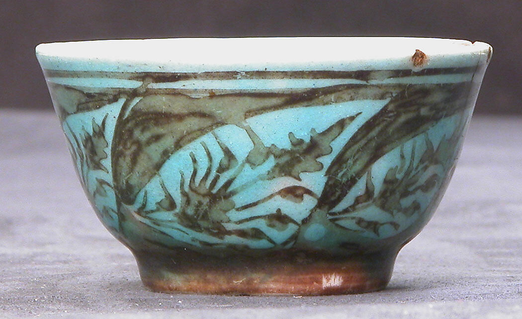 Cup, Stonepaste; luster-painted on opaque light blue glaze under transparent colorless glaze 