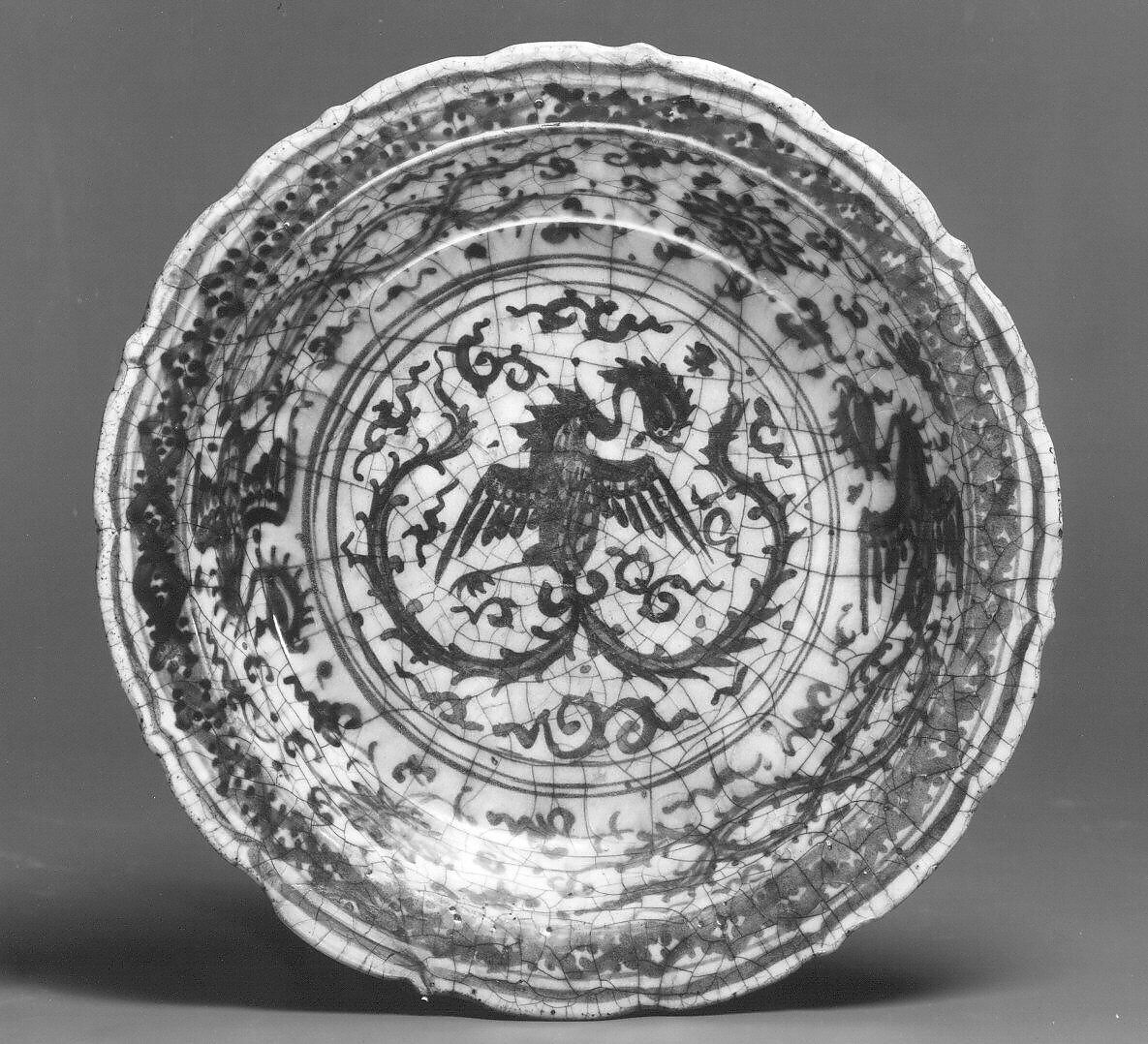 Dish with Phoenixes, Earthenware; painted under transparent glaze