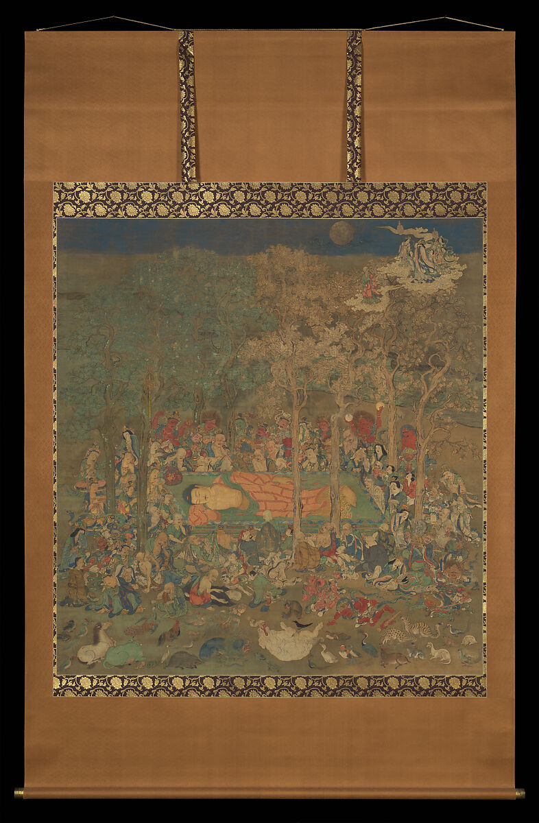 Death of the Historical Buddha (Nehan-zu), Hanging scroll; ink, color, and gold on silk, Japan