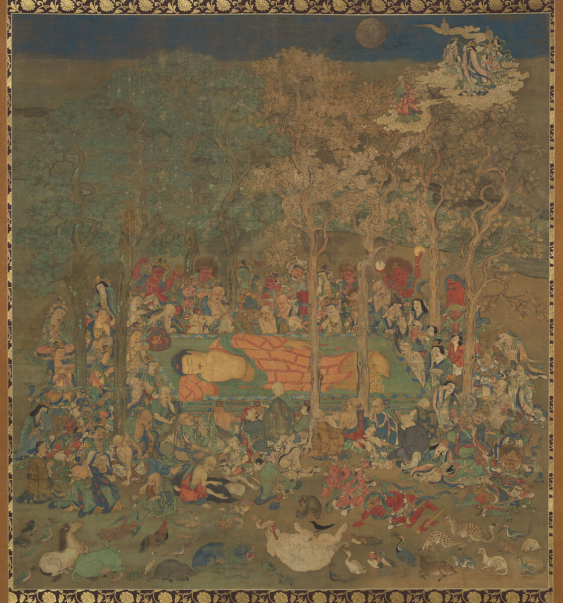 Death of the Historical Buddha (Nehan-zu), Hanging scroll; ink, color, and gold on silk, Japan 