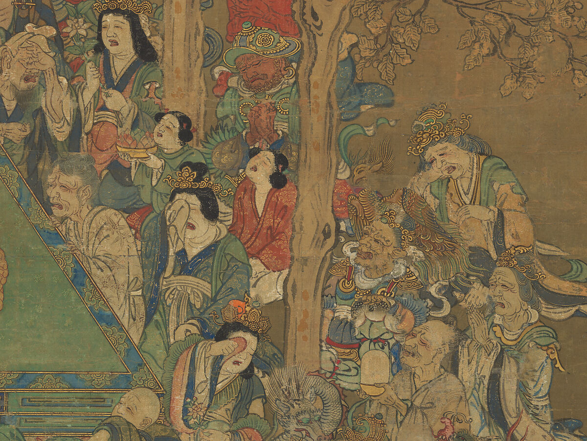 Death of the Historical Buddha (Nehan-zu), Hanging scroll; ink, color, and gold on silk, Japan