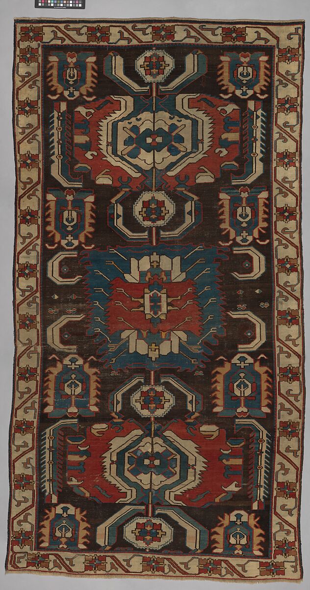 Carpet with a Geometricized Medallion Design, Wool (warp, weft and pile); symmetrically knotted pile 