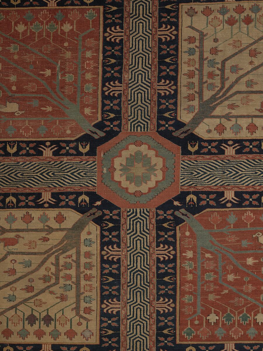 Fragment of a Garden Carpet, Cotton (warp and weft); wool (pile); symmetrically knotted pile