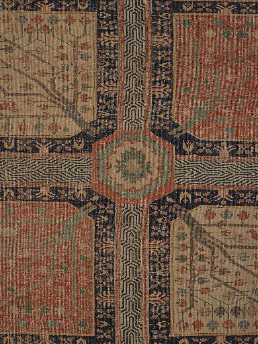 Fragment of a Garden Carpet, Cotton (warp and weft); wool (pile); symmetrically knotted pile