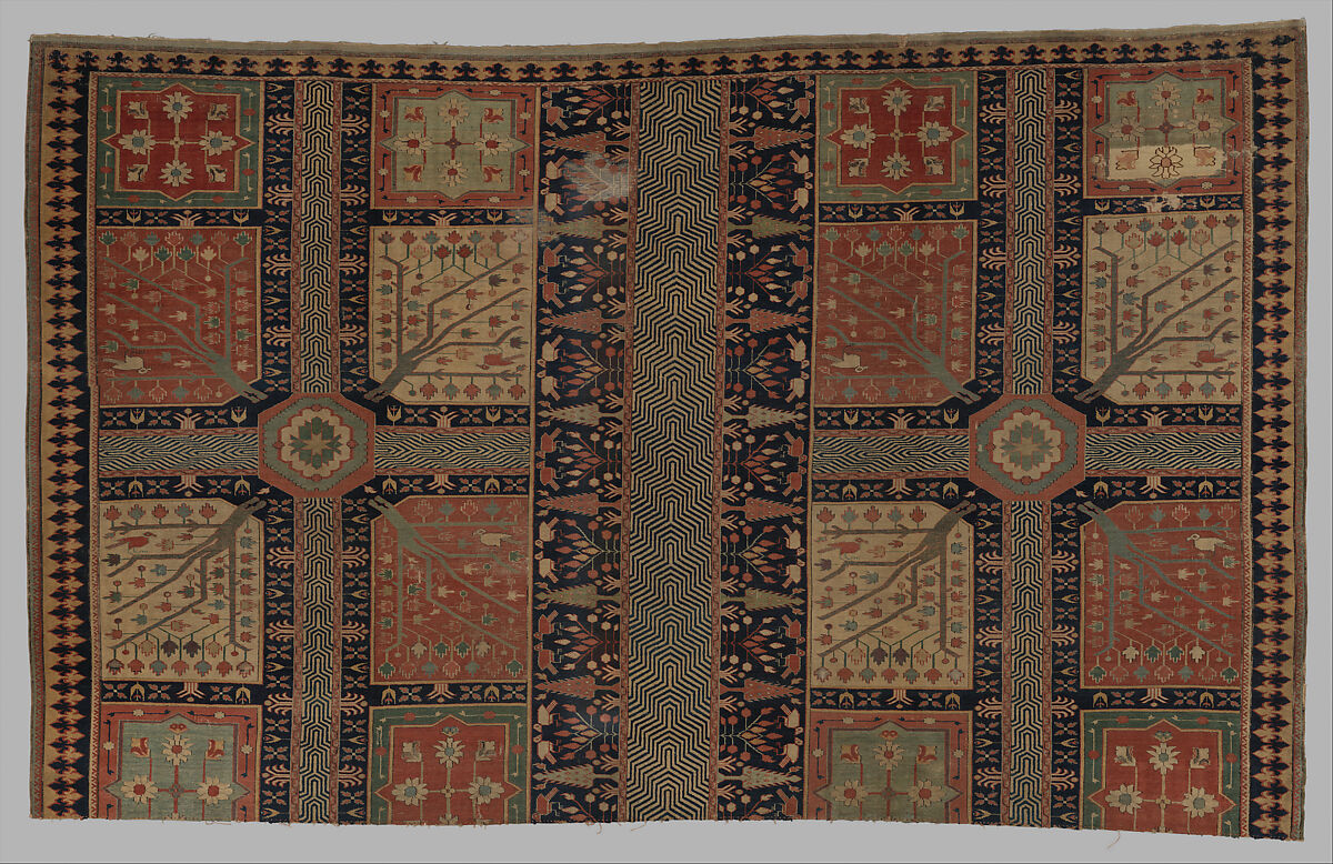 Fragment of a Garden Carpet, Cotton (warp, and weft); Wool (pile); asymmetrically knotted pile 