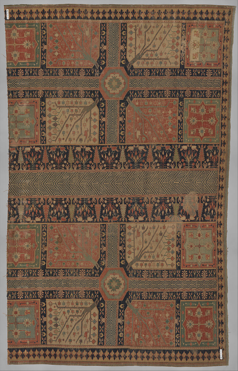Fragment of a Garden Carpet, Cotton (warp and weft); wool (pile); symmetrically knotted pile