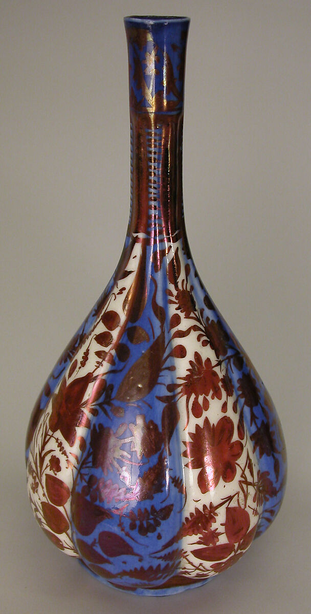 Bottle, Stonepaste; luster-painted on opaque white and blue glaze 