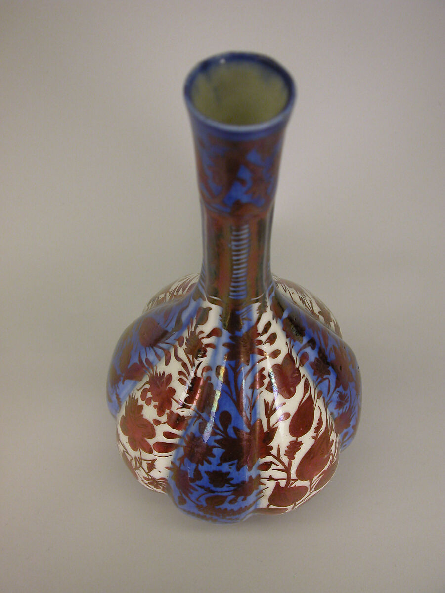 Bottle, Stonepaste; luster-painted on opaque white and blue glaze