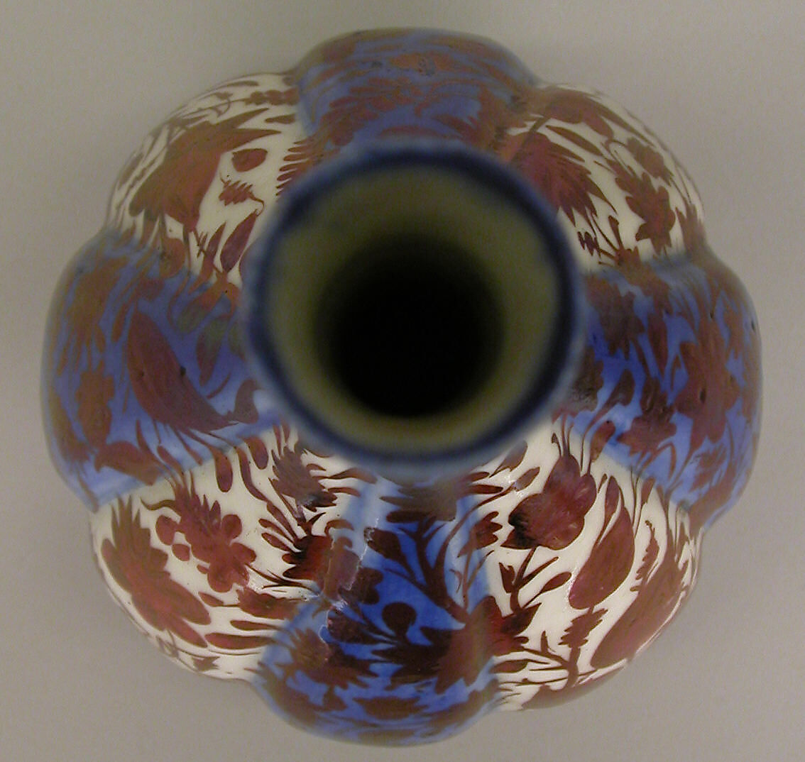 Bottle, Stonepaste; luster-painted on opaque white and blue glaze