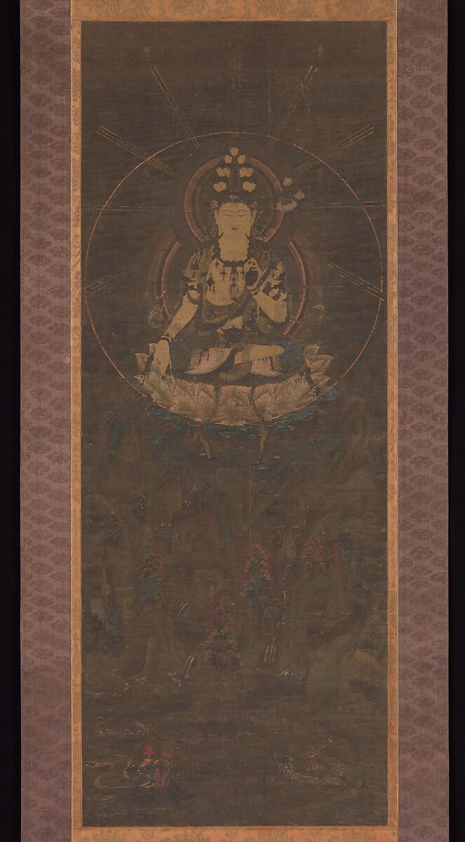 Eleven-Headed Kannon on Mount Fudaraku, Hanging scroll; ink, color, and gold on silk, Japan