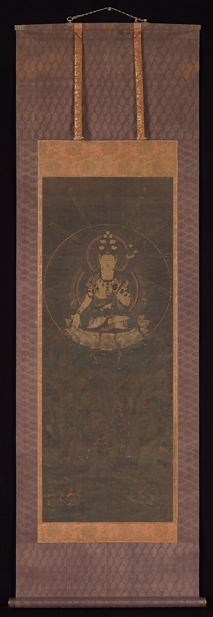 Eleven-Headed Kannon on Mount Fudaraku, Hanging scroll; ink, color, and gold on silk, Japan
