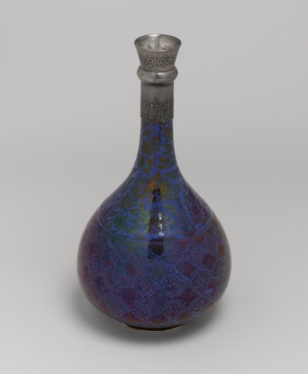 Bottle, Stonepaste; luster-painted on opaque blue glaze; silver 