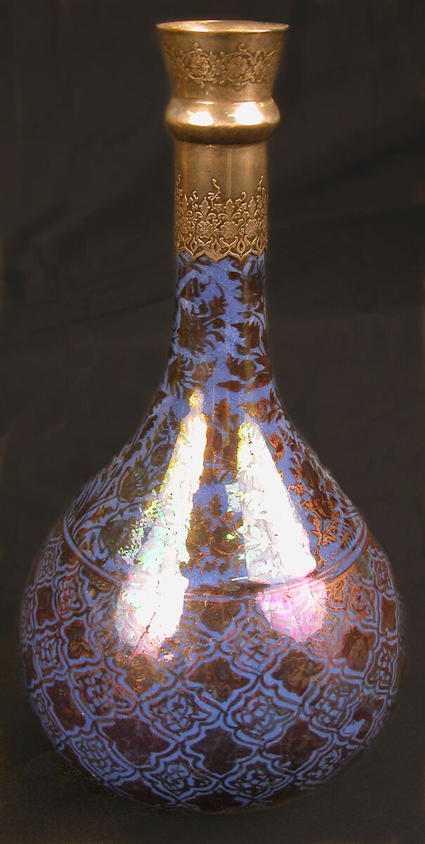 Bottle, Stonepaste; luster-painted on opaque blue glaze; silver
