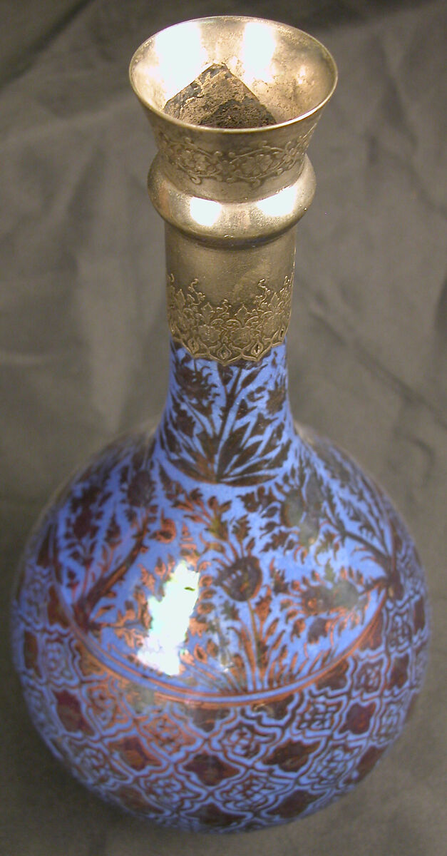 Bottle, Stonepaste; luster-painted on opaque blue glaze; silver