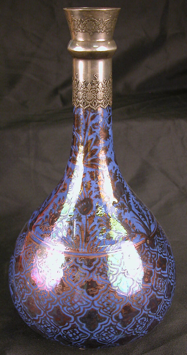 Bottle, Stonepaste; luster-painted on opaque blue glaze; silver