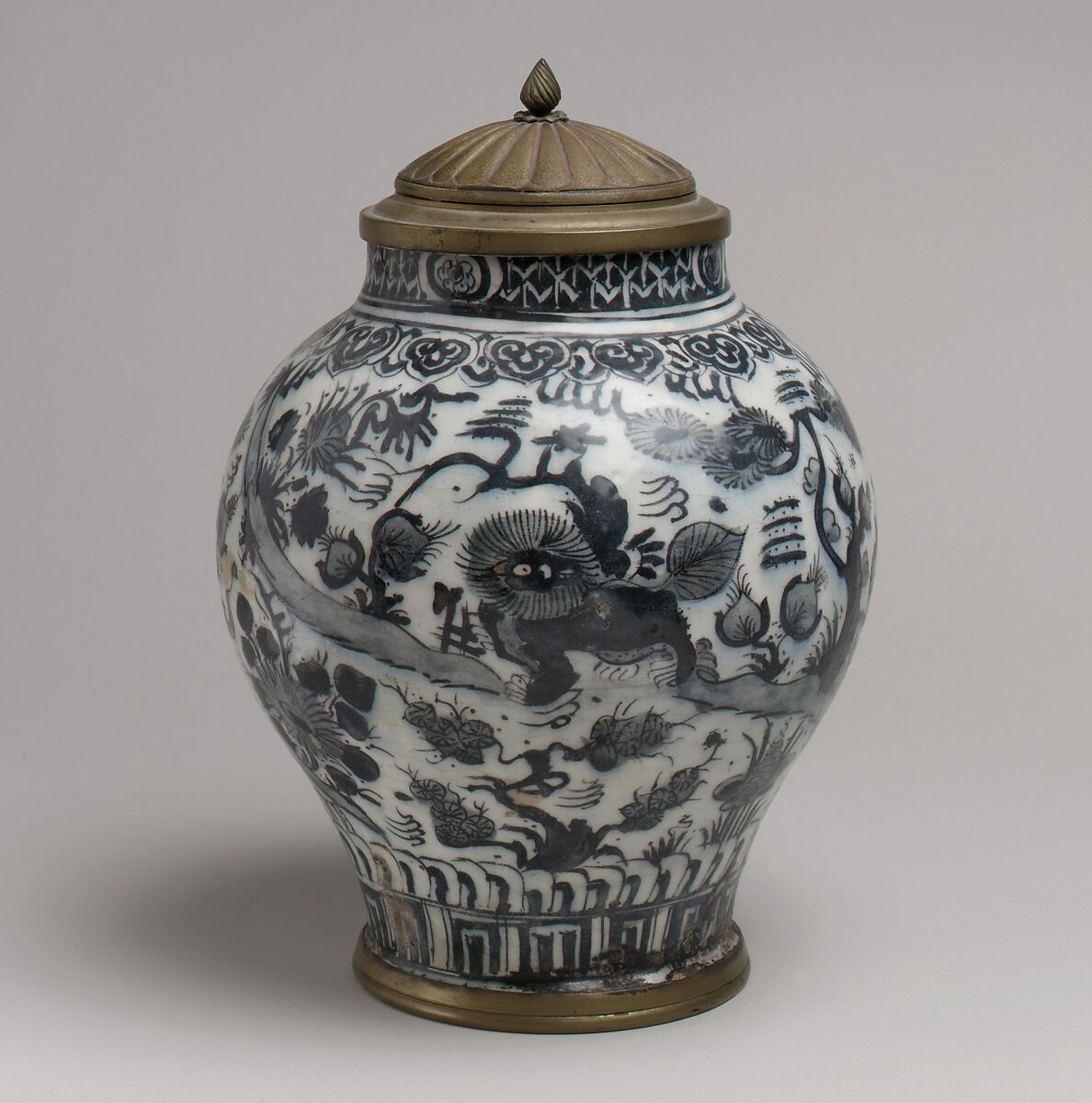 Jar with Lion and Landscape Elements, Stonepaste; painted under transparent glaze; brass 