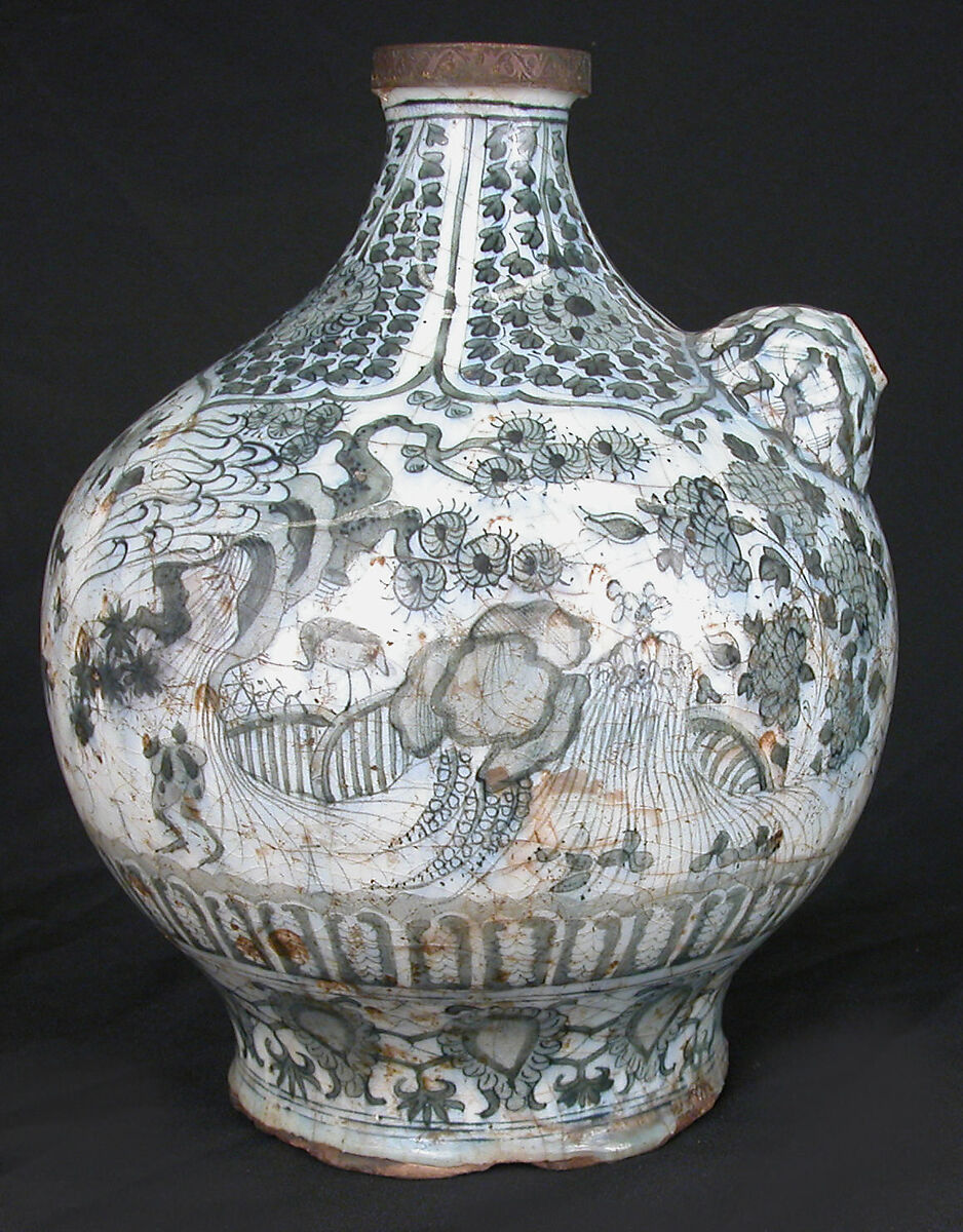 Bottle, Stonepaste; painted under transparent  glaze 