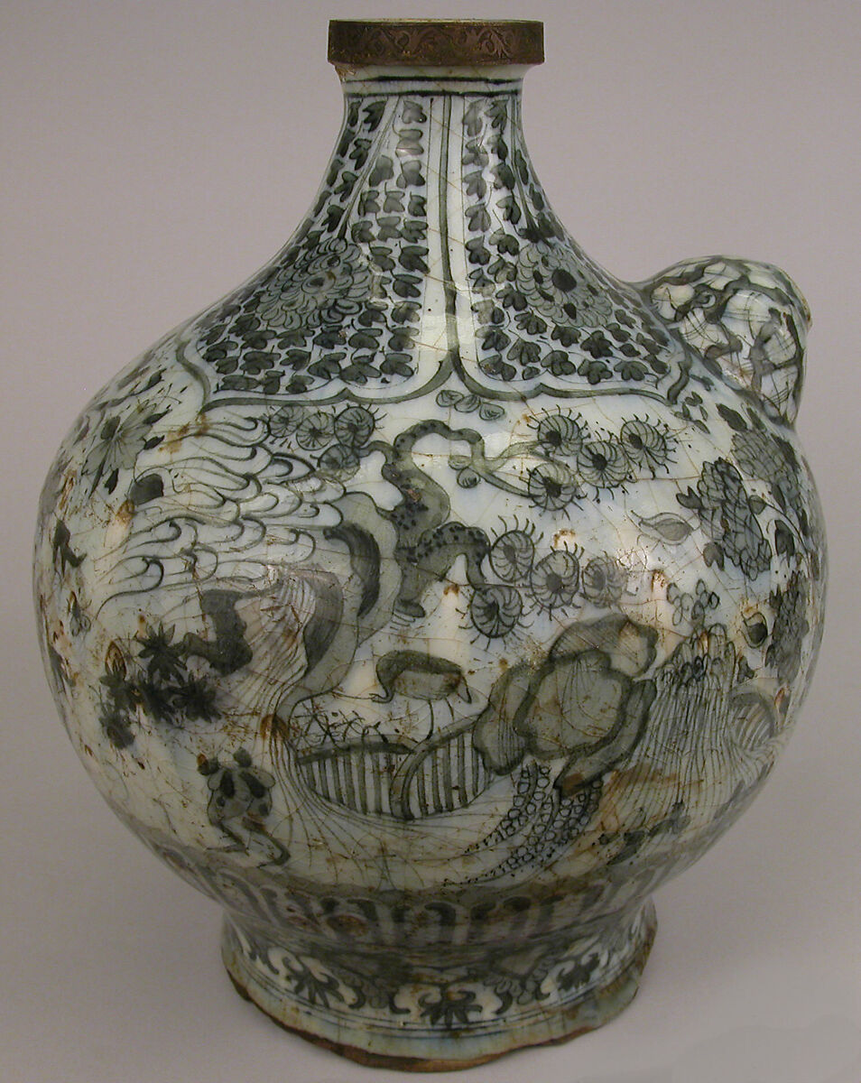 Bottle, Stonepaste; painted under transparent  glaze