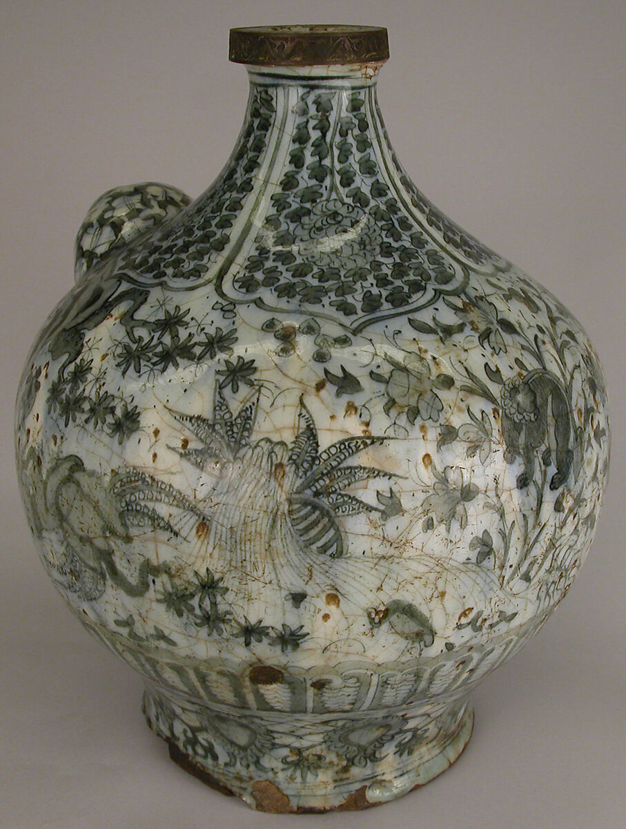 Bottle, Stonepaste; painted under transparent  glaze