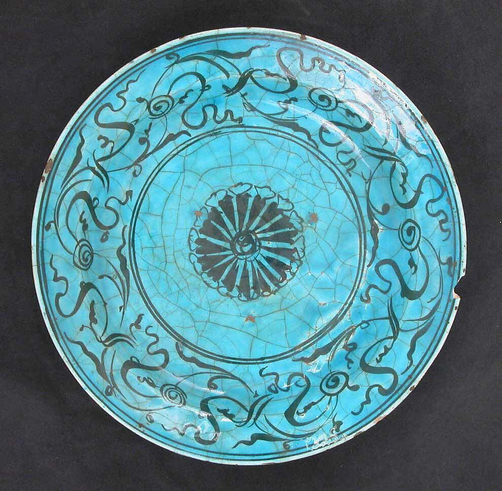 Dish, Stonepaste; painted in black under turquoise glaze 