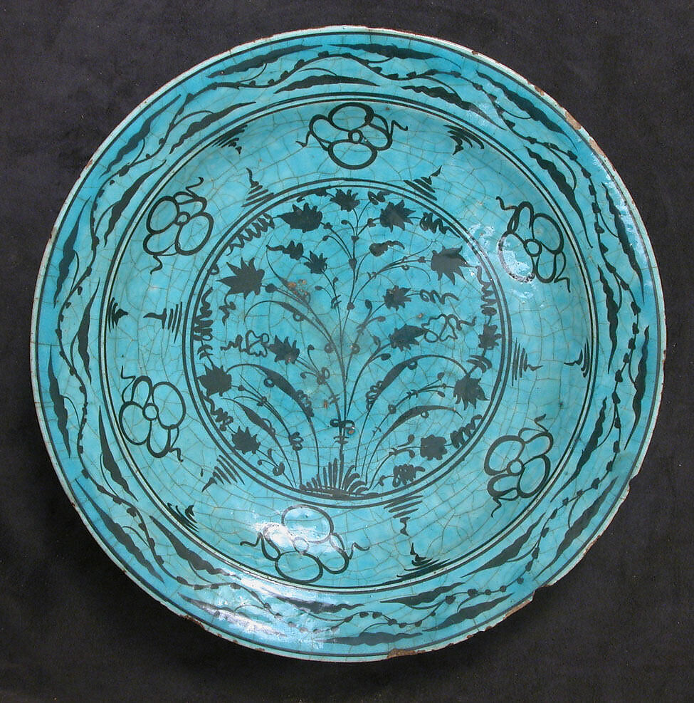 Dish, Stonepaste; painted in black under turquoise glaze 