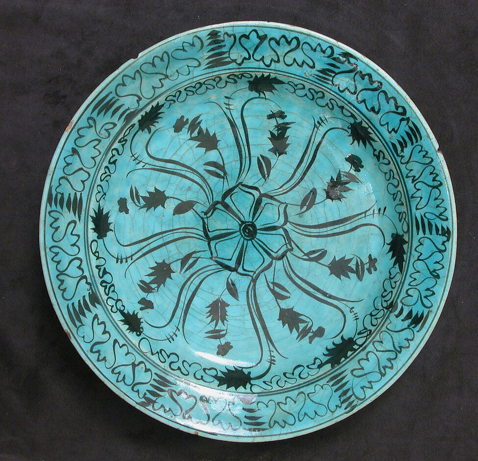 Dish, Stonepaste; painted in black under turquoise glaze 