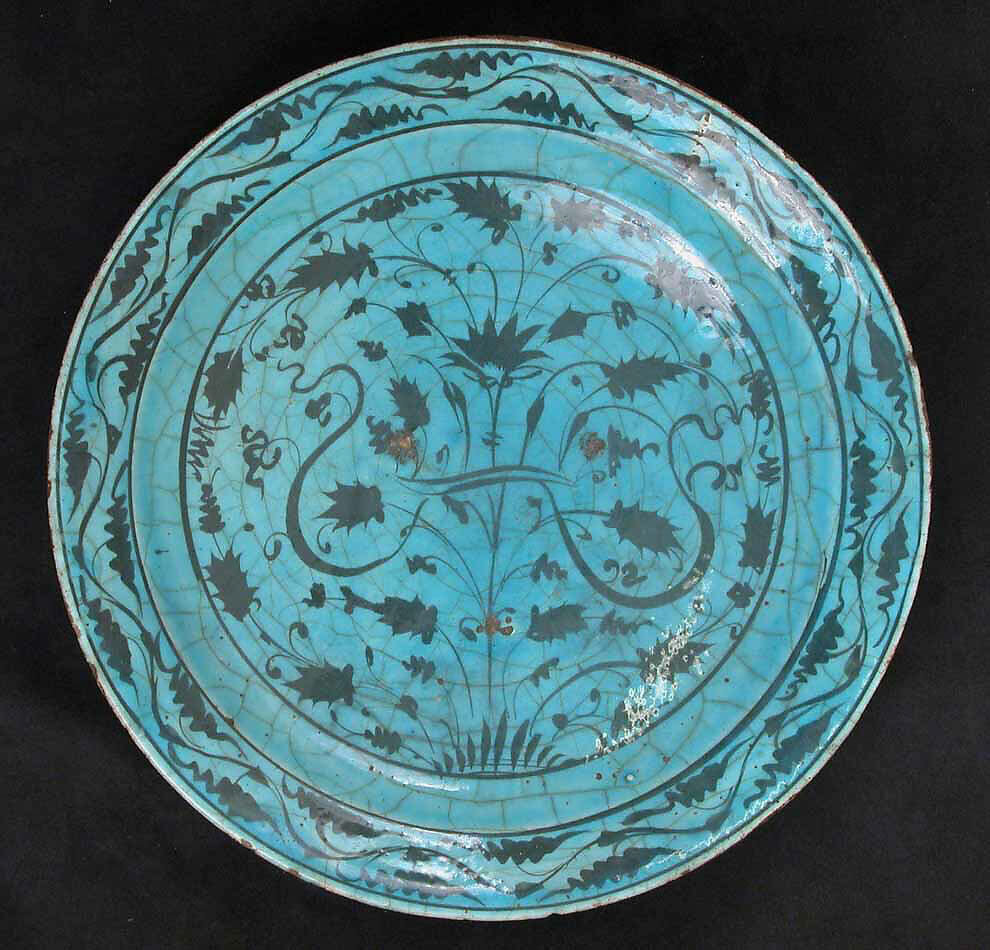 Dish, Stonepaste; painted in black under turquoise glaze 