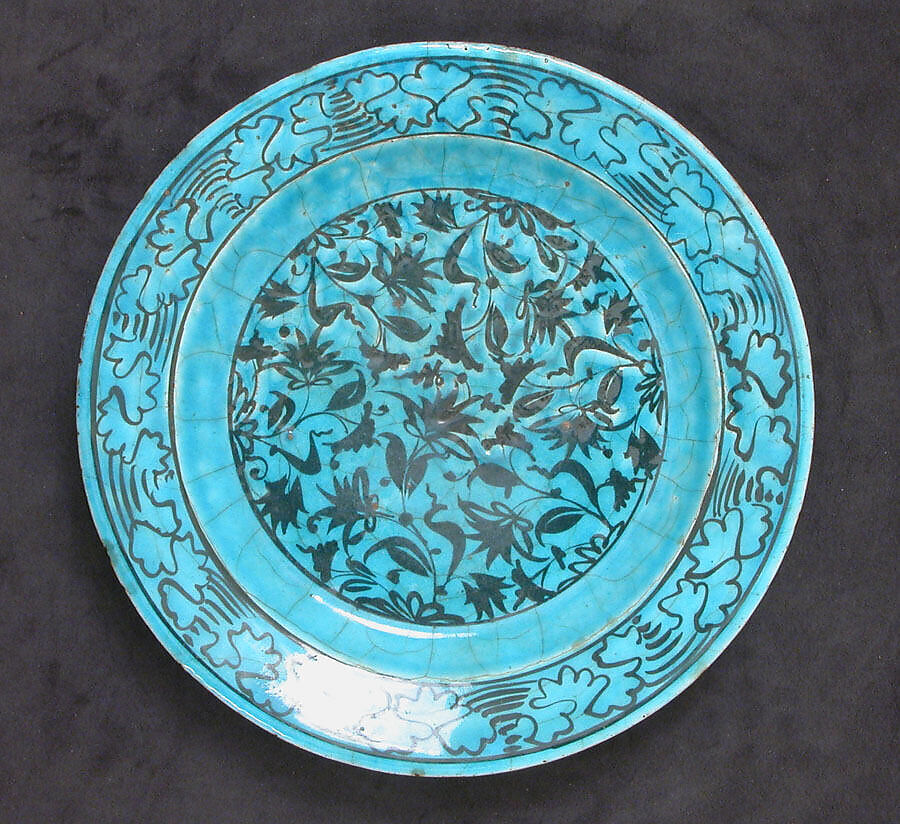 Dish, Stonepaste; painted in black under turquoise glaze 