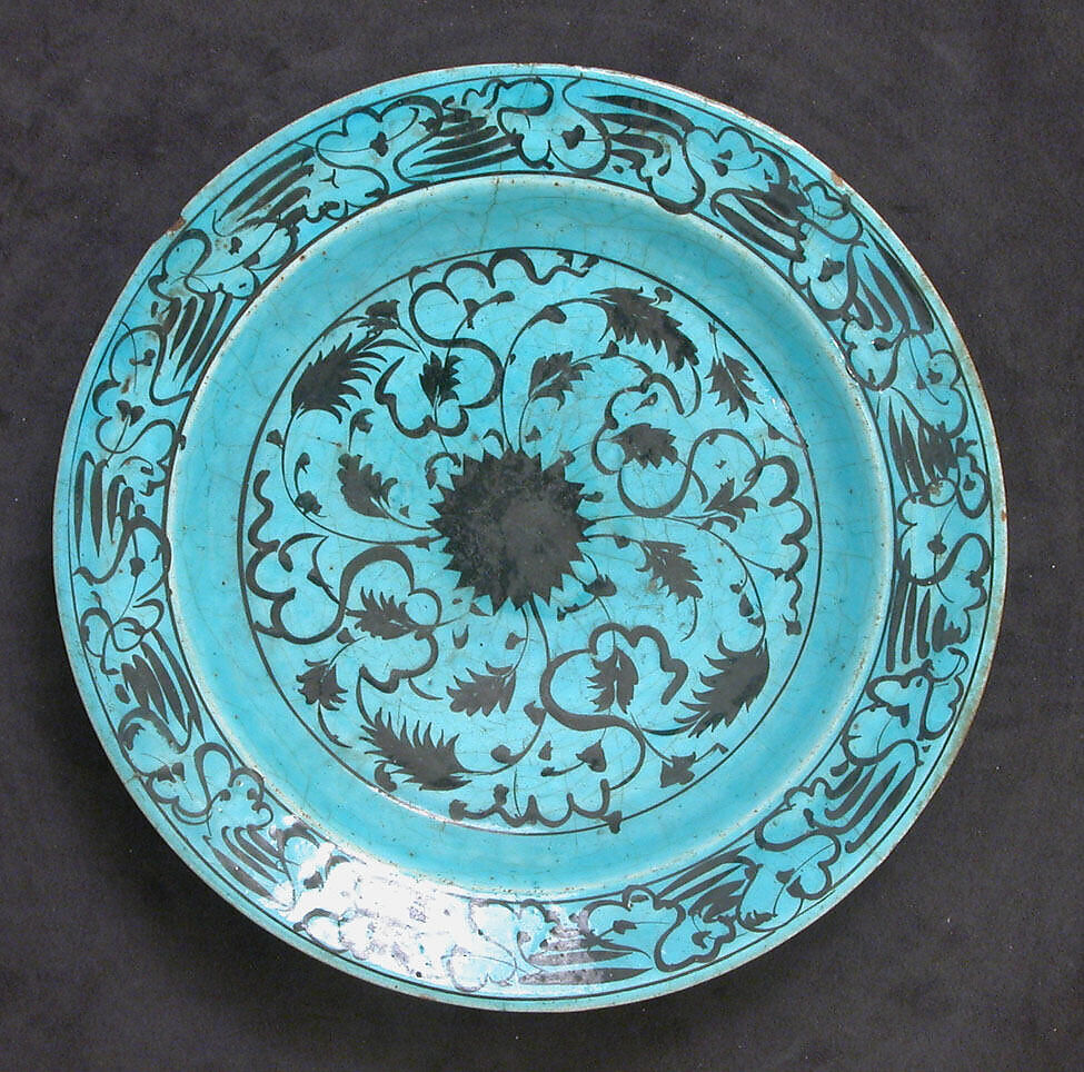 Dish, Stonepaste; painted in black under turquoise glaze 