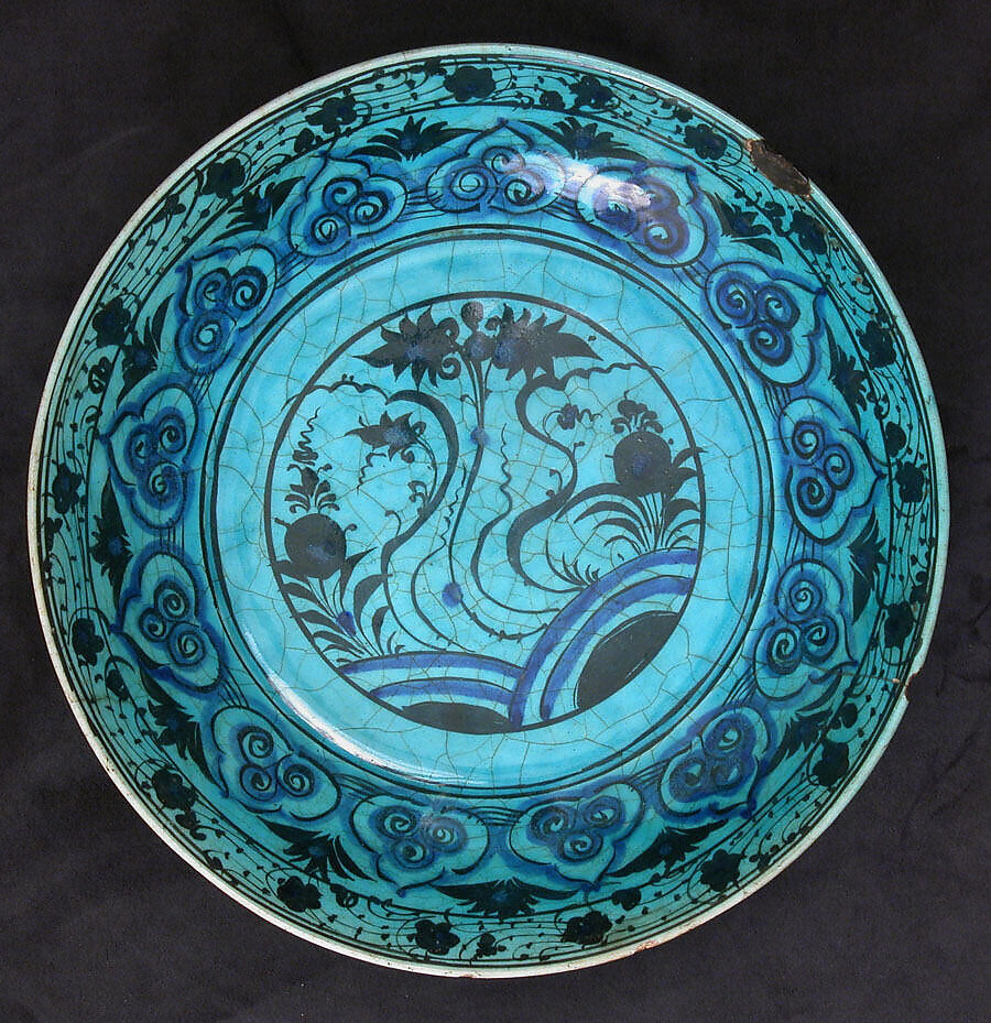 Dish, Stonepaste; painted in black under turquoise glaze 